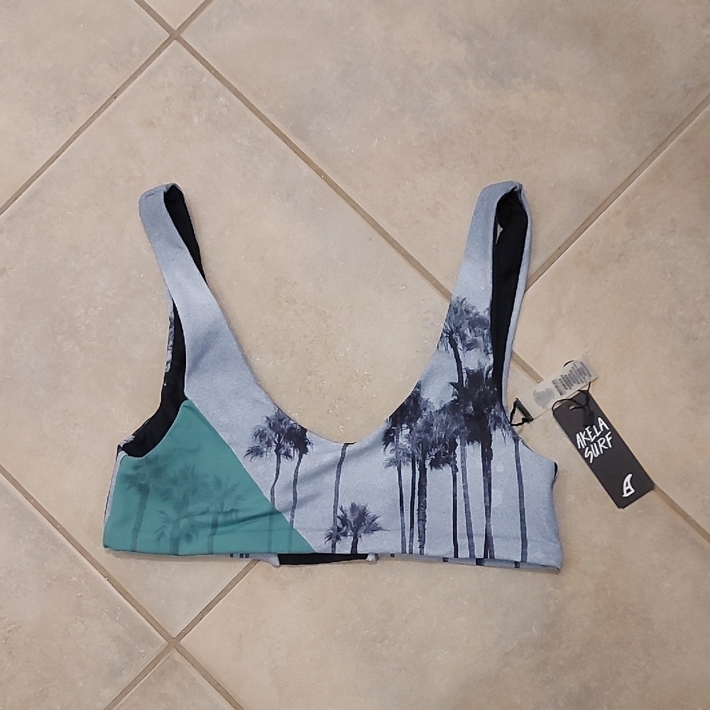 Palm Print Bikini Top - Gray and Green